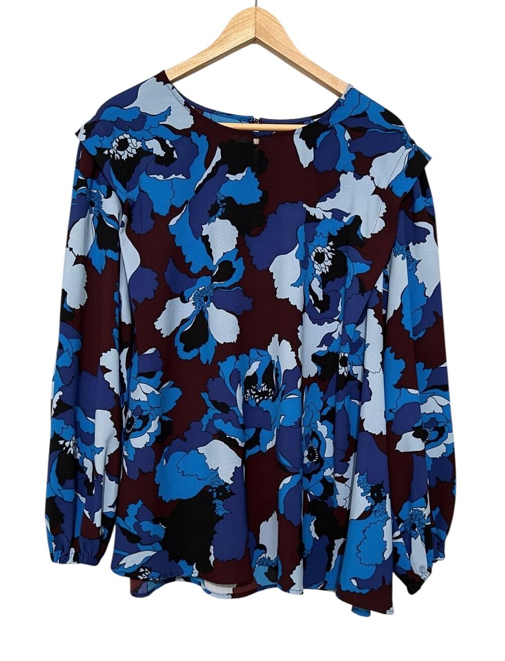 Who What Wear 1X Plus Blue Floral Blouse Burgundy LS Flowy Peasant Top